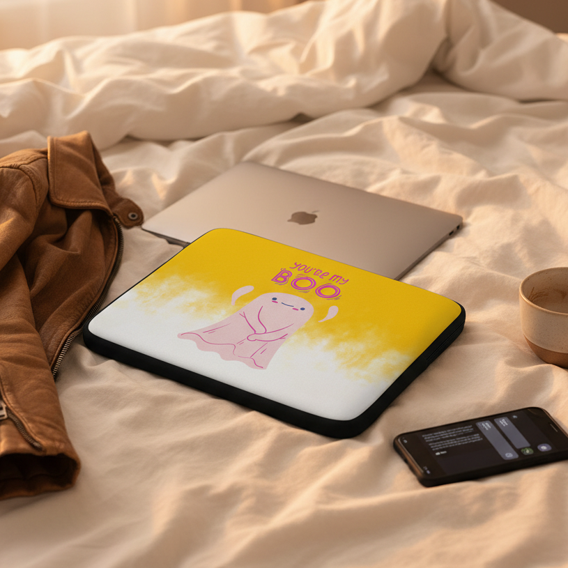 You're My Boo! laptop sleeve with a pink ghost and “Youre My Boo” text on white bedding, near a MacBook, jacket, coffee