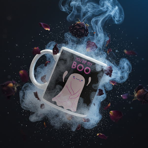 Angled white mug reading “YOU’RE MY BOO,” with a pink smiling ghost amid smoke and rose petals