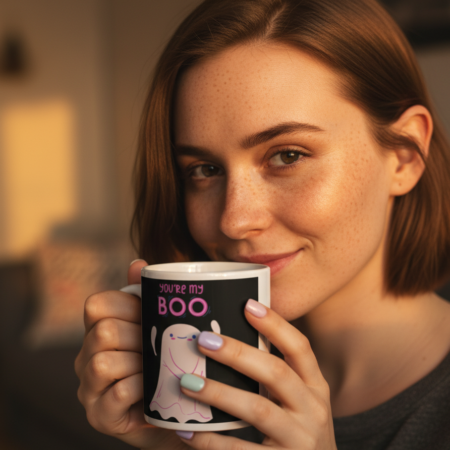 Freckled person holds a black mug reading “YOU’RE MY BOO” with a smiling ghost illustration