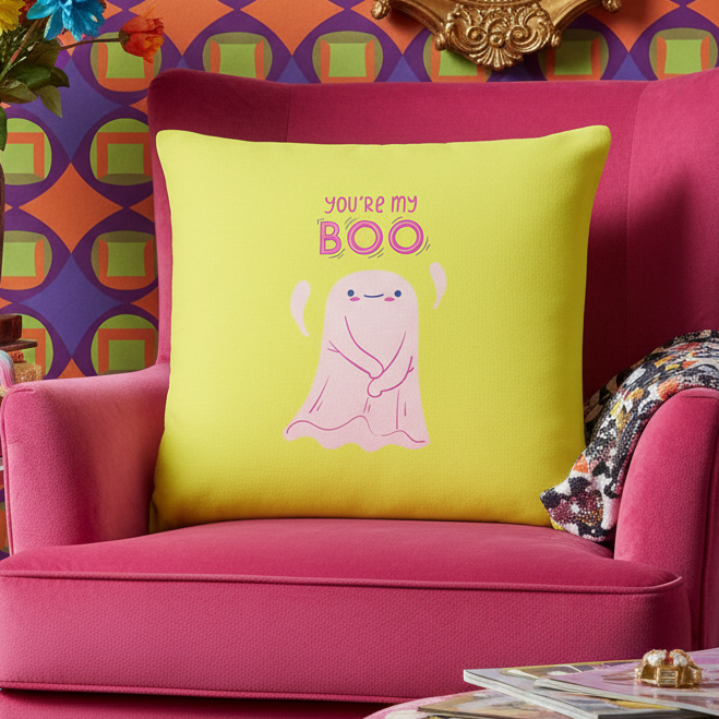 Bright yellow "You're My Boo!" queer pillow with a smiling ghost on text, displayed on a pink armchair amid retro