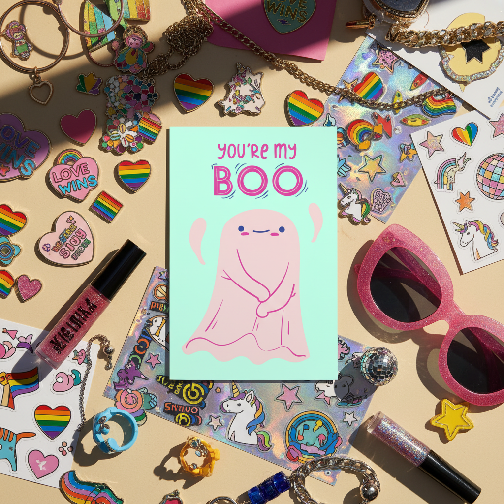 You're My Boo! Postcard with a pink ghost and “Youre my boo” quote, rainbow and unicorn stickers, heart pins, lip gloss