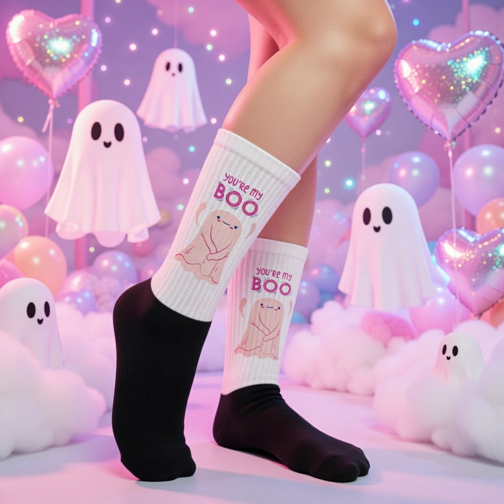 You're My Boo! socks with cartoon ghosts and slogan, worn by a person in a pastel room with heart balloons, ghost accents