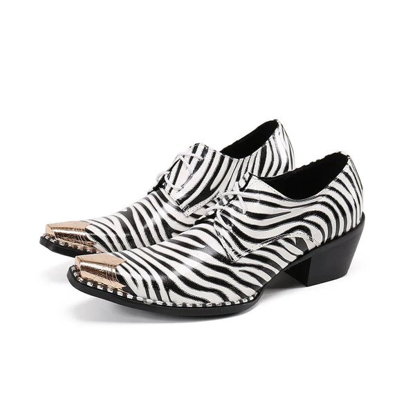 Pair of black-and-white zebra-striped lace-up shoes with metallic pointed toes