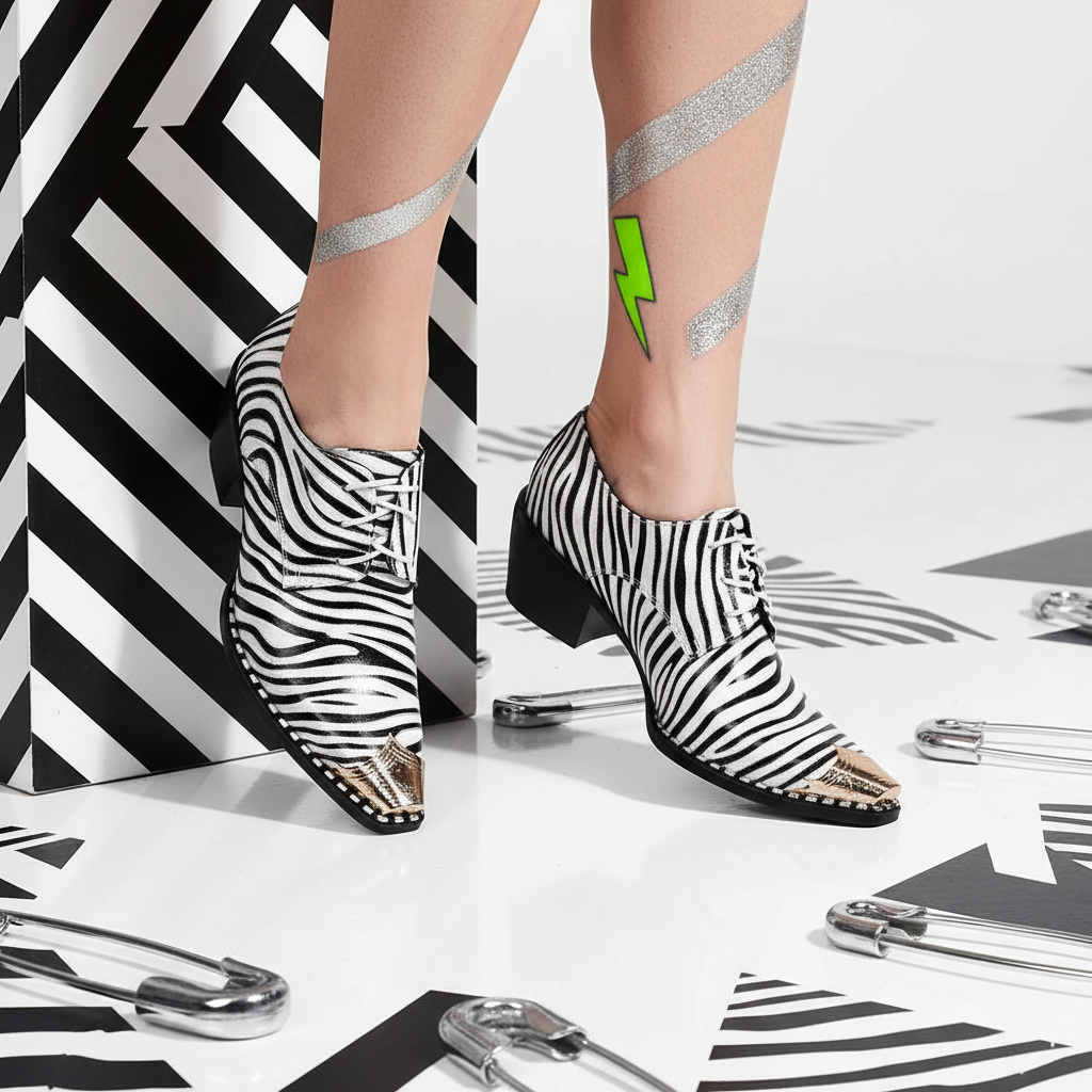 Zebra-print lace-up dress shoes with gold metal toe caps on a model; their glittery