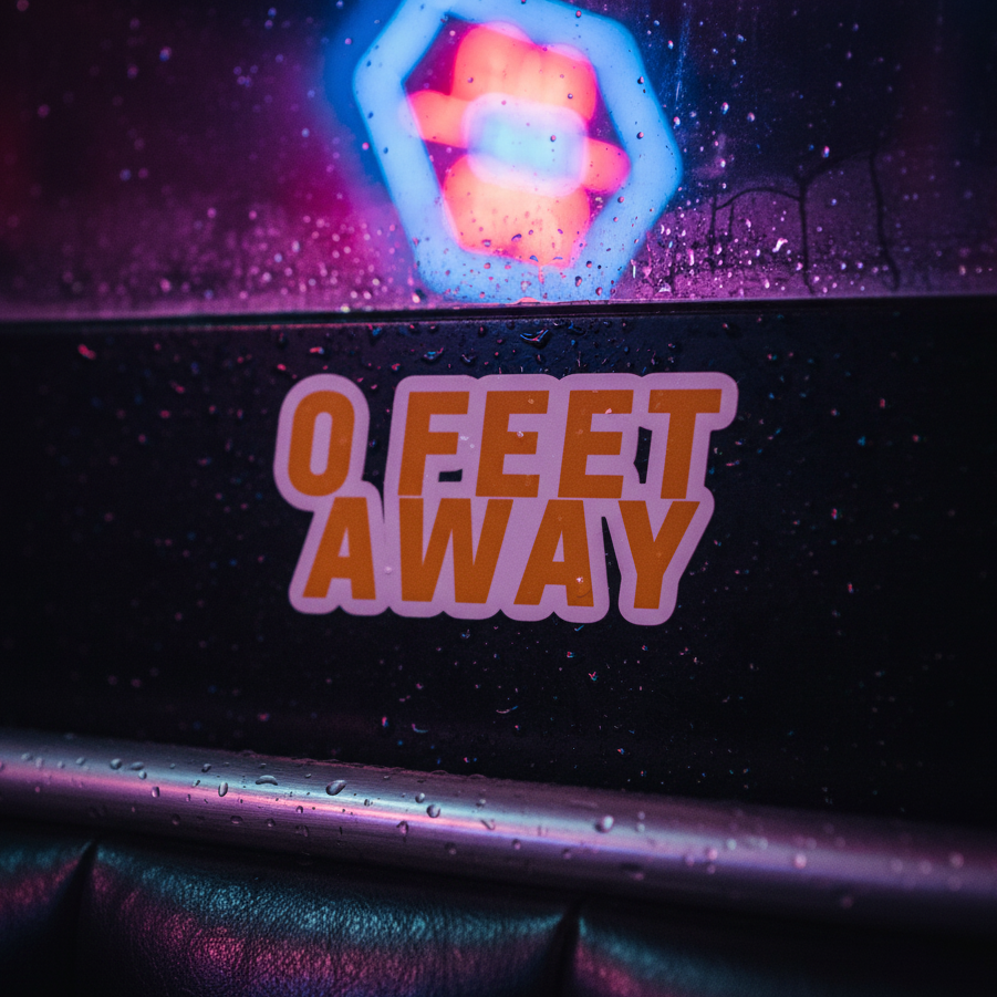 Zero Feet Away Grindr Bubble-Free Sticker on raindrop-speckled surface, lit by neon blue and pink