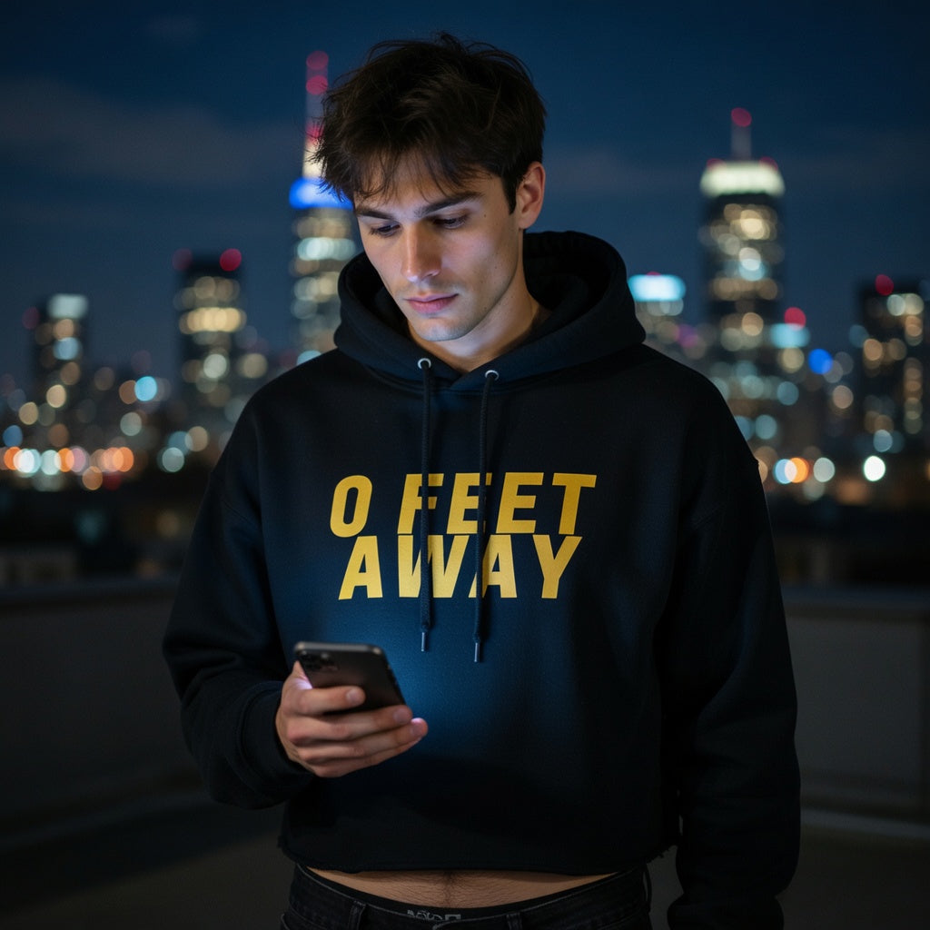 Zero Feet Away Grindr crop hoodie with bold yellow “0 FEET AWAY” text, worn by a young man at night in the city.