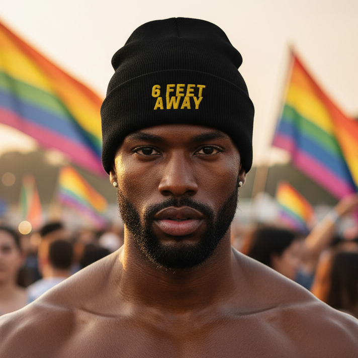 Zero Feet Away Grindr Cuffed Beanie in black with gold embroidery, worn by a shirtless person at Pride, rainbow flags behind