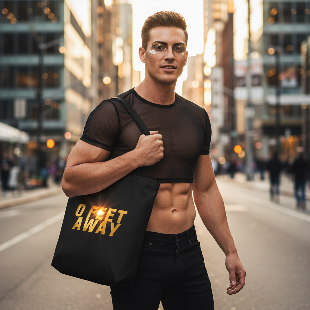 Person carries a black tote with gold “0 FEET AWAY” lettering on a city street