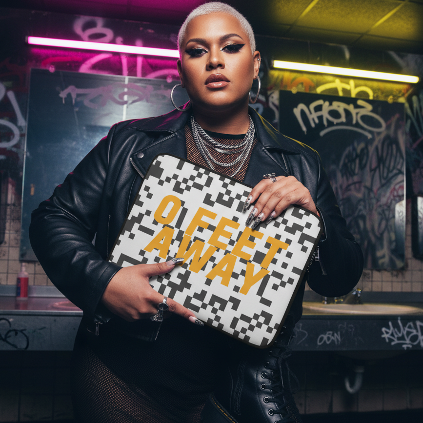 Zero Feet Away Grindr laptop sleeve with QR code and yellow “0 FEET AWAY” text