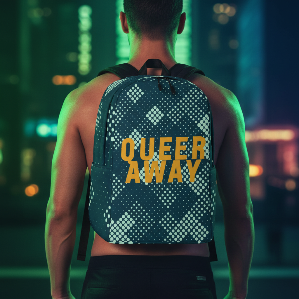 Zero Feet Away Grindr Minimalist Backpack worn by a shirtless person, back to camera