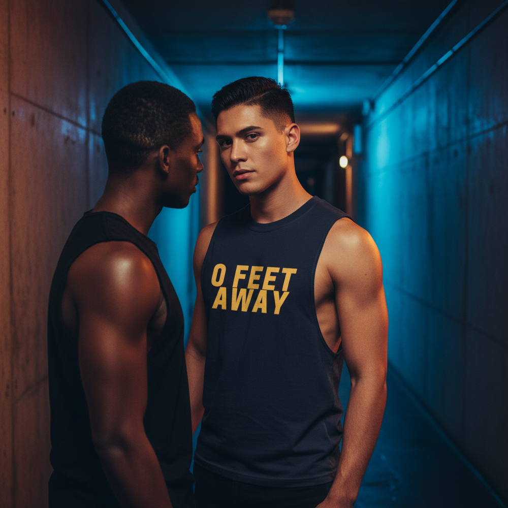 Grindr muscle top with "Zero Feet Away" in yellow pops on a young guy facing forward; another person stands side-on nearby