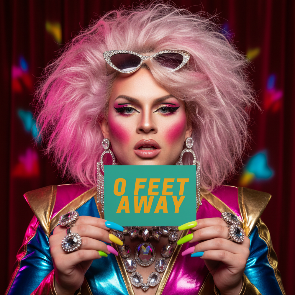 Zero Feet Away Grindr Postcard, bold and colorful, held by a drag queen in pink hair