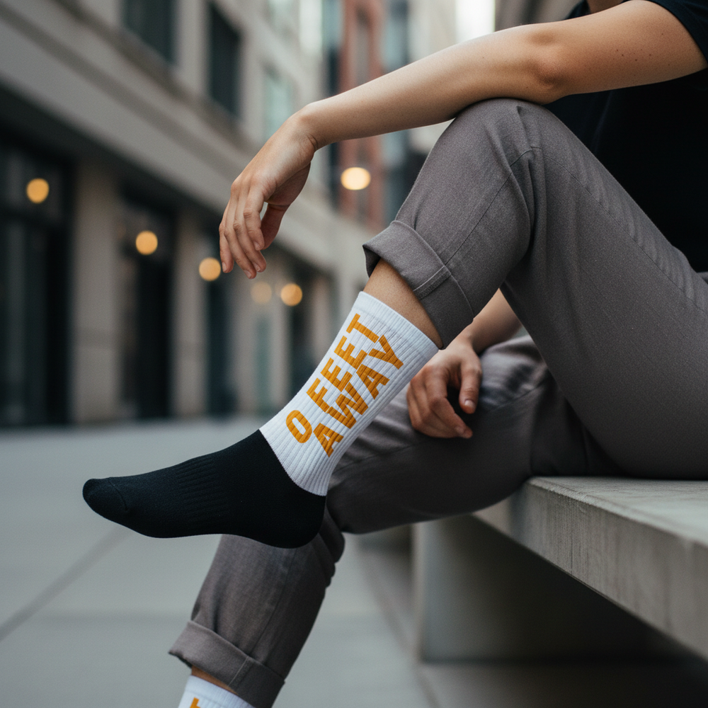 Zero Feet Away Grindr Socks with bold art and yellow "OFFSET AFFAIR" text
