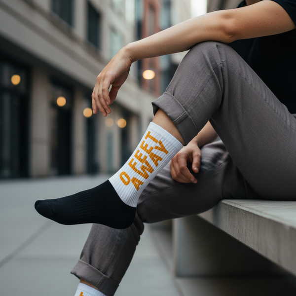 Zero Feet Away Grindr Socks with bold art and yellow 
