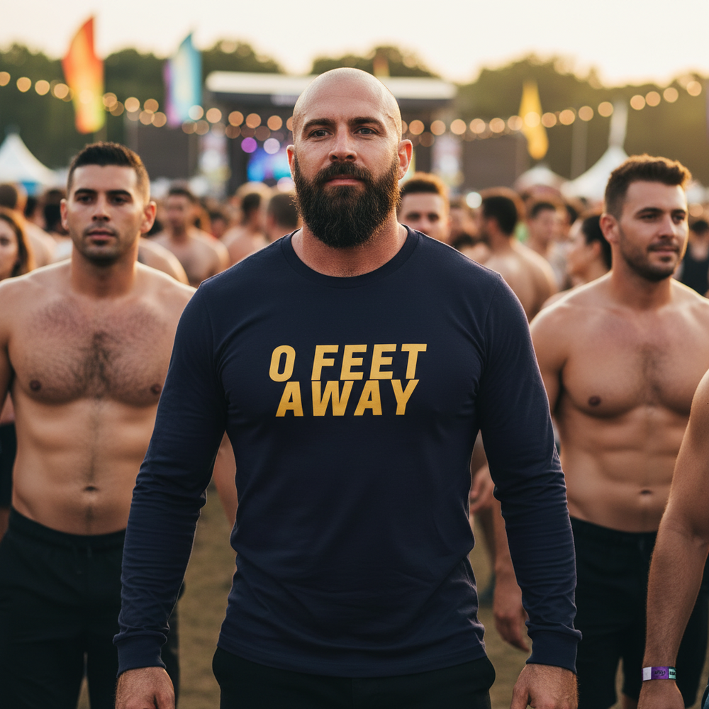 Zero Feet Away Grindr unisex navy long sleeve tee, worn by a bearded person at a lively queer outdoor fest