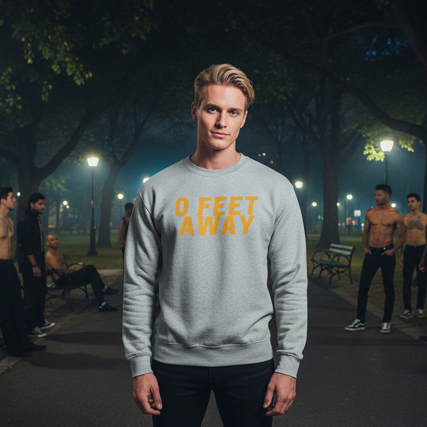 Zero Feet Away Grindr Unisex Sweatshirt in bold yellow text worn by a person at night