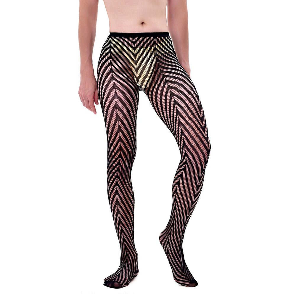 Front view of a model wearing sheer black pantyhose with bold zigzag chevron stripes