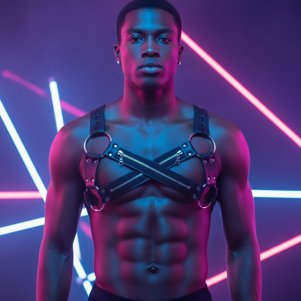 Front-facing model wearing a black leather chest harness with crossed zippers and metal rings