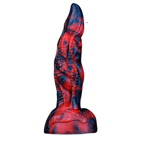 Red-and-black zombie-themed dildo with a ridged shaft and wide textured base