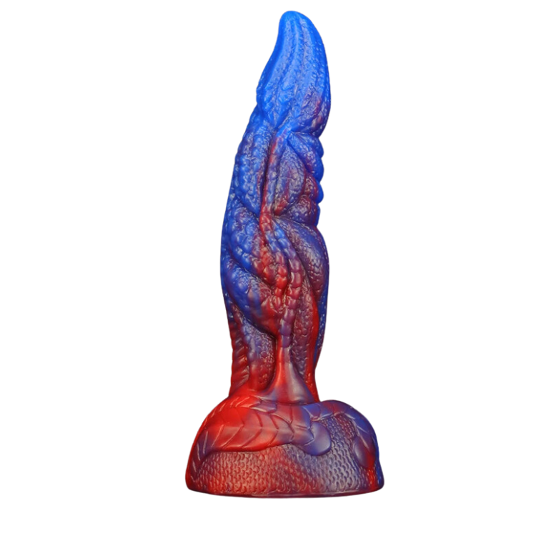 Blue and red textured zombie dildo shown upright from the front on a white background