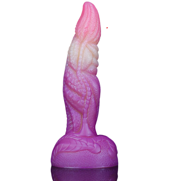 Purple fantasy dildo with a twisted, textured shaft and wide rounded base, shown upright
