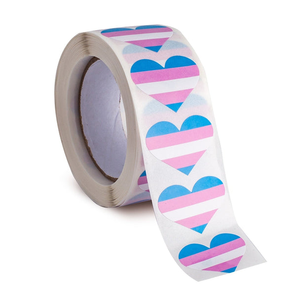 Roll of heart stickers with blue, pink, and white transgender pride stripes, partly unrolled