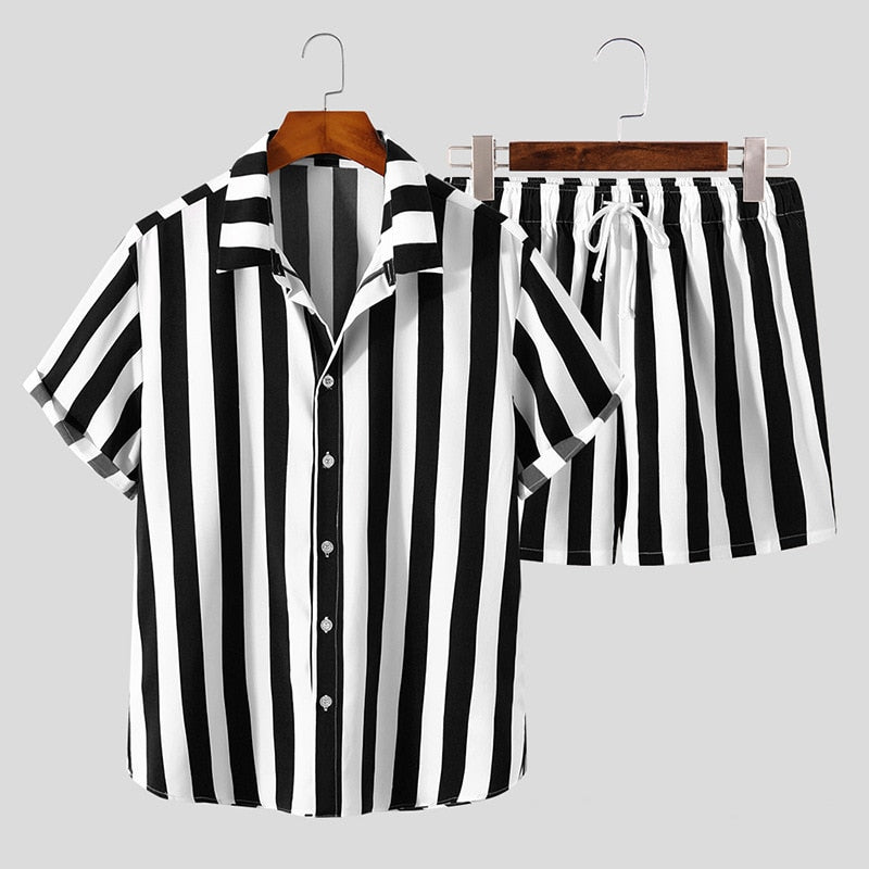 Black Festival Stripes Short Sleeve Shirt + Shorts (2 Piece Outfit) by Oberlo sold by Queer In The World: The Shop - LGBT Merch Fashion