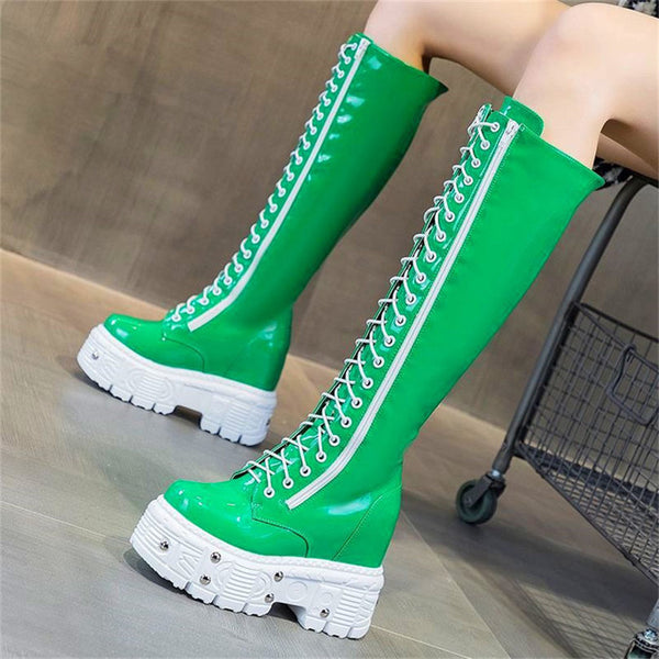 Green Genuine Leather Knee High Platform Wedge Boots by Queer In The World sold by Queer In The World: The Shop - LGBT Merch Fashion