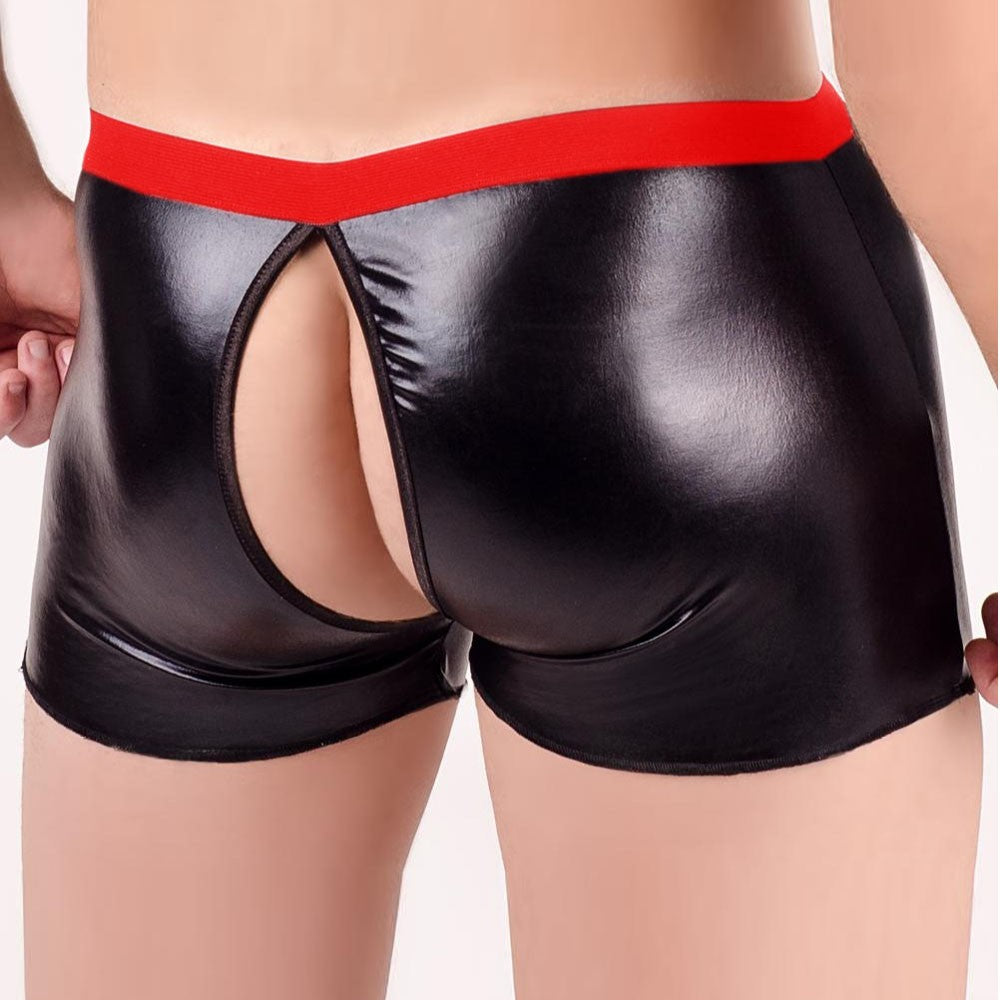 Womens Sexy Open Crotch PU Leather Thong Low Rise Elastic Waist T