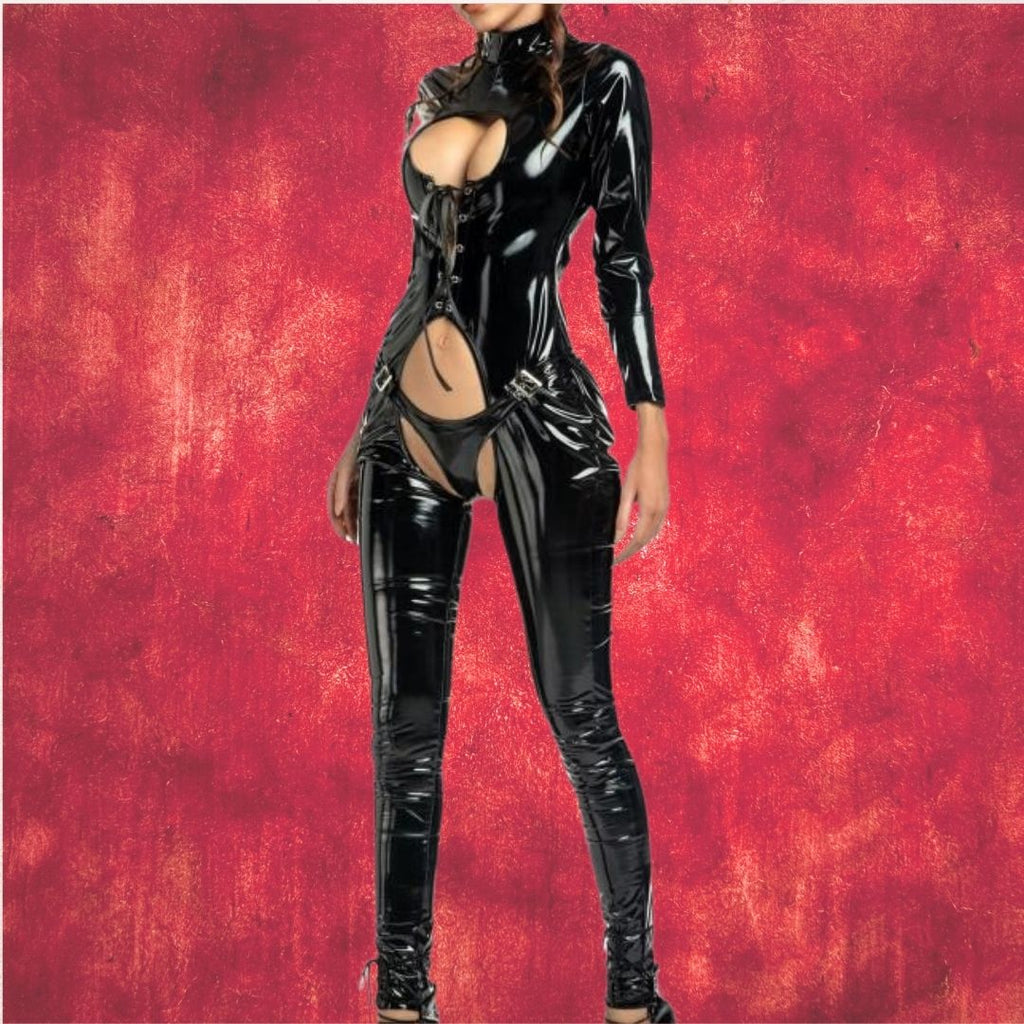 Women Zipper Lingerie Bodysuit Faux Leather Latex Catsuit Clubwear Erotic  Costume Plus Size Bodysuits+gloves+headband+socks