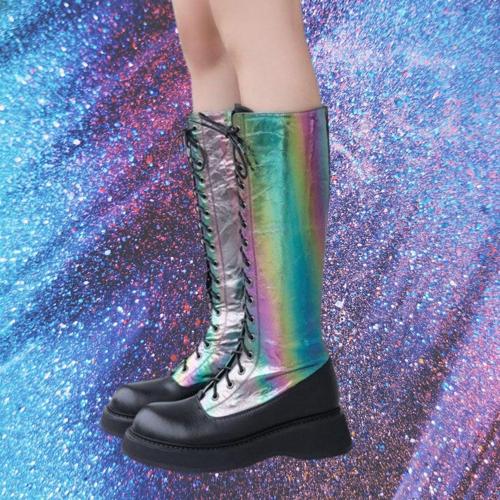 Black Rainbow Shimmer Platform Boots by Queer In The World sold by Queer In The World: The Shop - LGBT Merch Fashion