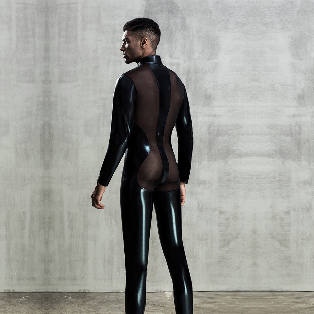 thumbnail image 2 of Hedmy Mens Glossy Long Sleeve Footed Full-body Bodysuit Opening Sheath 2 of 14