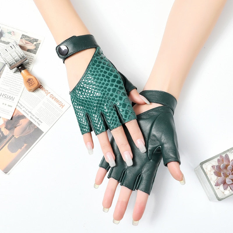 Womens Snakeskin Fingerless Leather Gloves