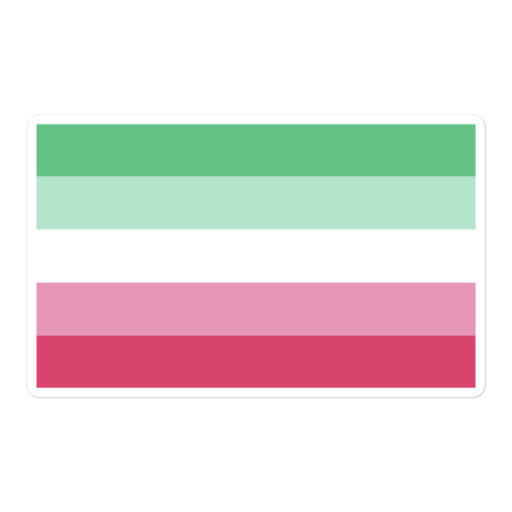 Bubble-free sticker featuring the Abrosexual flag’s green, white, pink, and red stripes pops on a graffiti-tagged concrete wall.