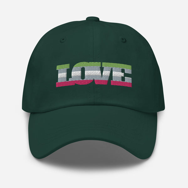 Front view of a dark green cap embroidered with a striped abrosexual flag design