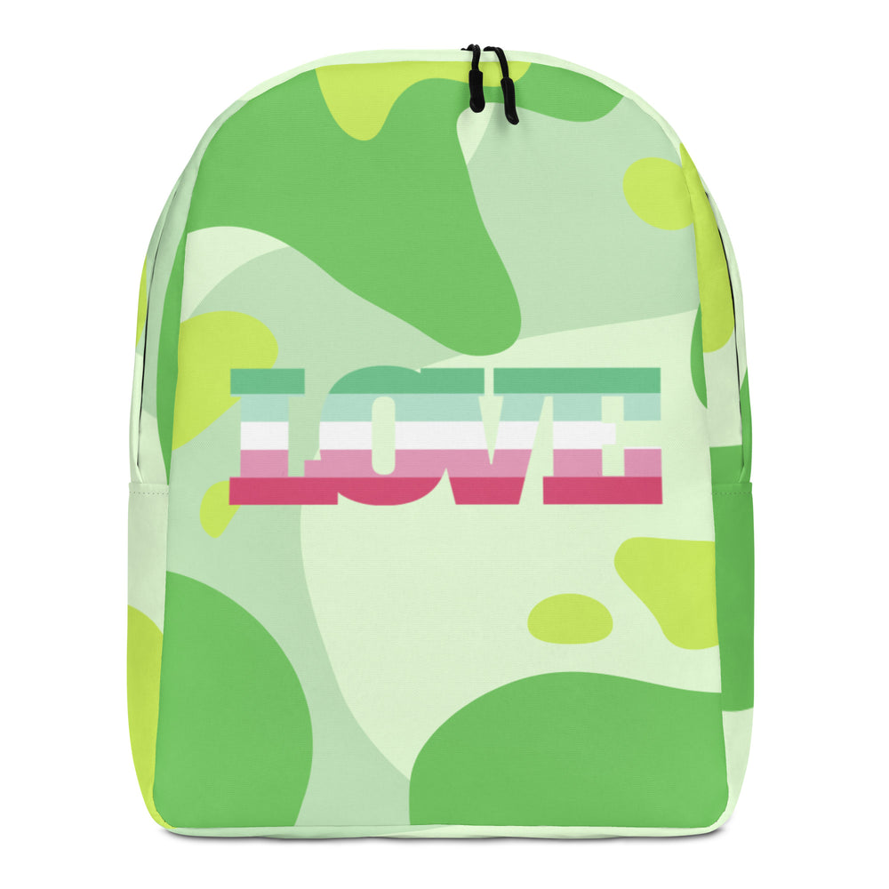 Pale green abstract-pattern backpack, front-facing backpack; backpack with “Abrosexual Pride Minimalist” design