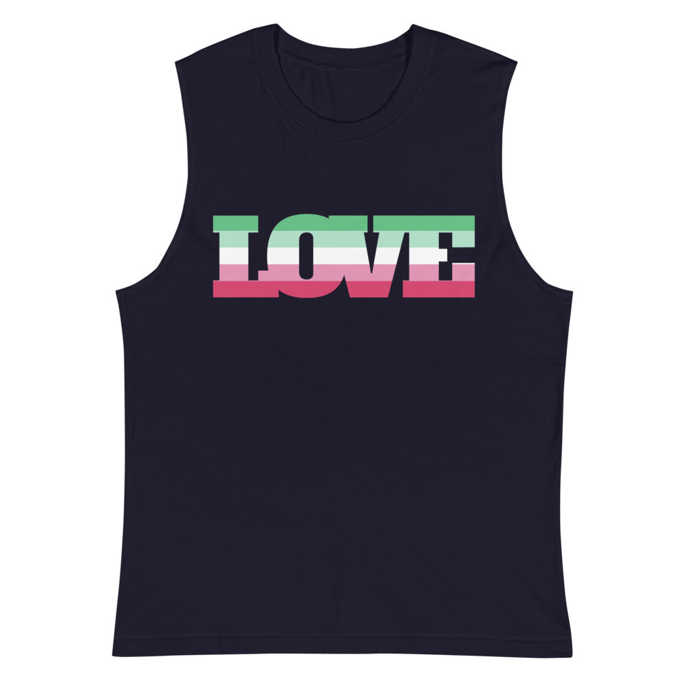 Navy sleeveless muscle tank with large LOVE lettering in green, white, and pink stripes