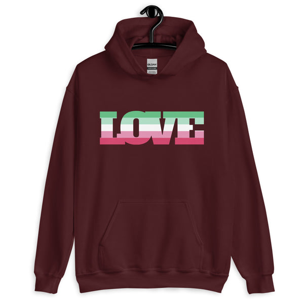 Front view of a maroon hoodie with a pastel striped LOVE graphic on the chest