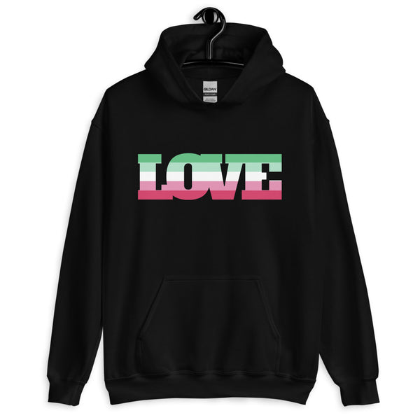 Front view of a black hoodie with oversized LOVE lettering in abrosexual flag colors