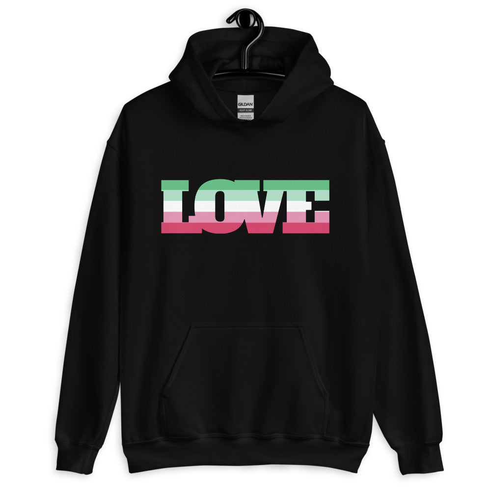 Front view of a black hoodie with oversized LOVE lettering in abrosexual flag colors