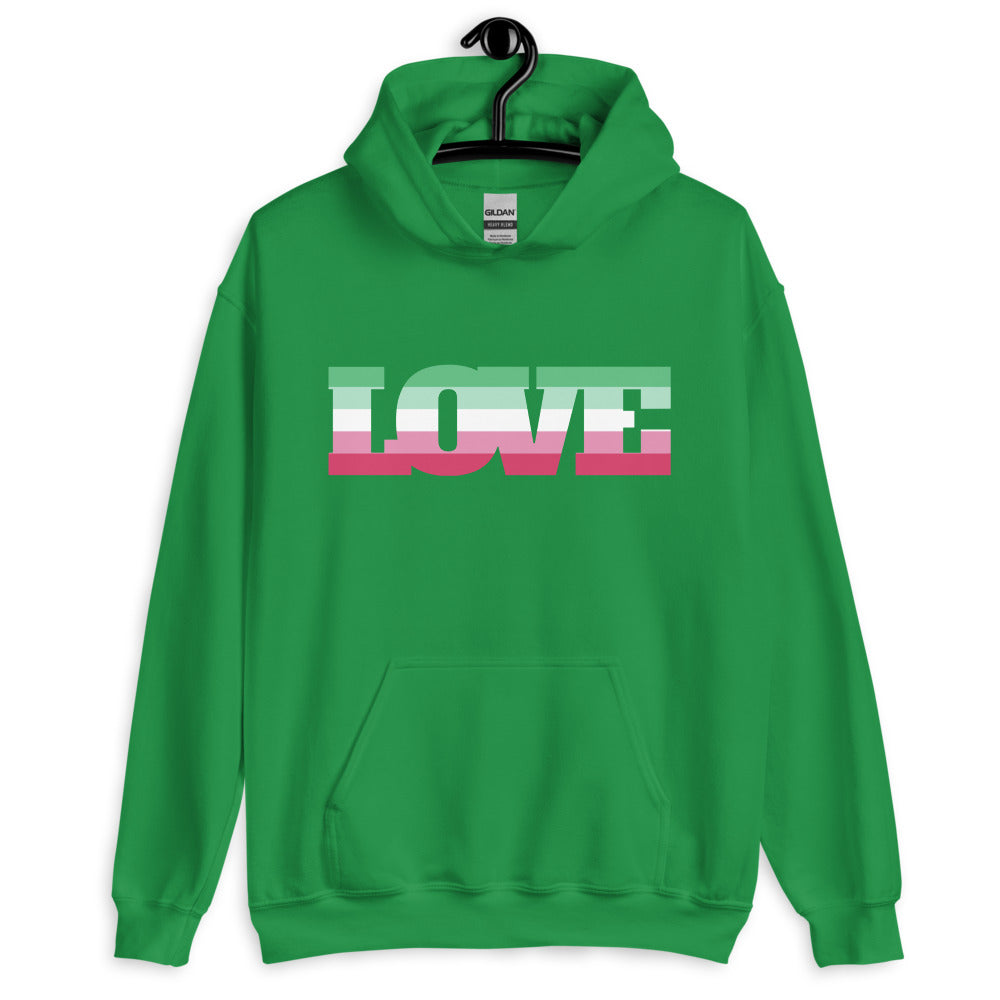 Front view of a green hoodie with a striped pink, white, and green LOVE graphic