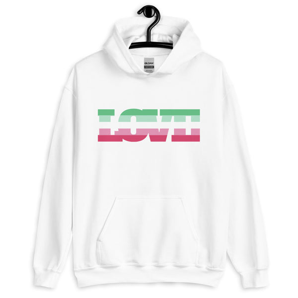 Front view of a white hoodie with mint and pink stacked graphic lettering