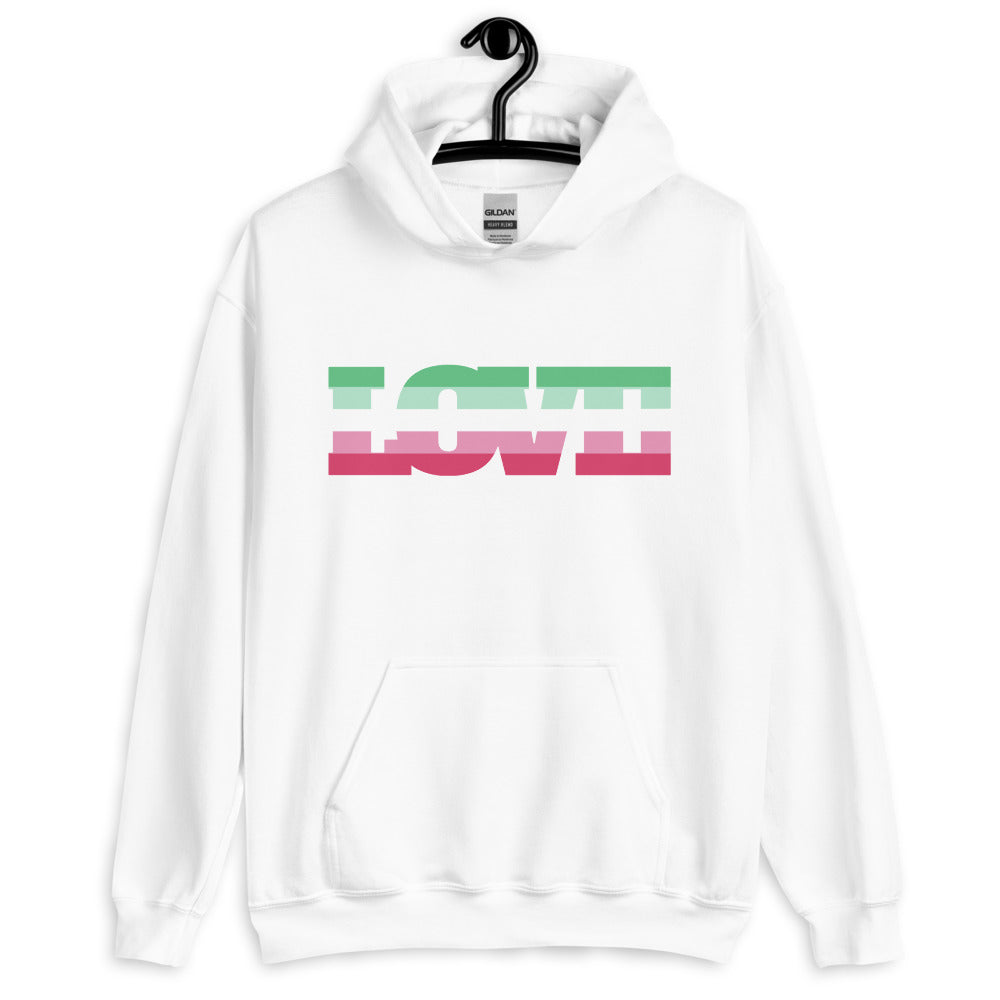Front view of a white hoodie with mint and pink stacked graphic lettering