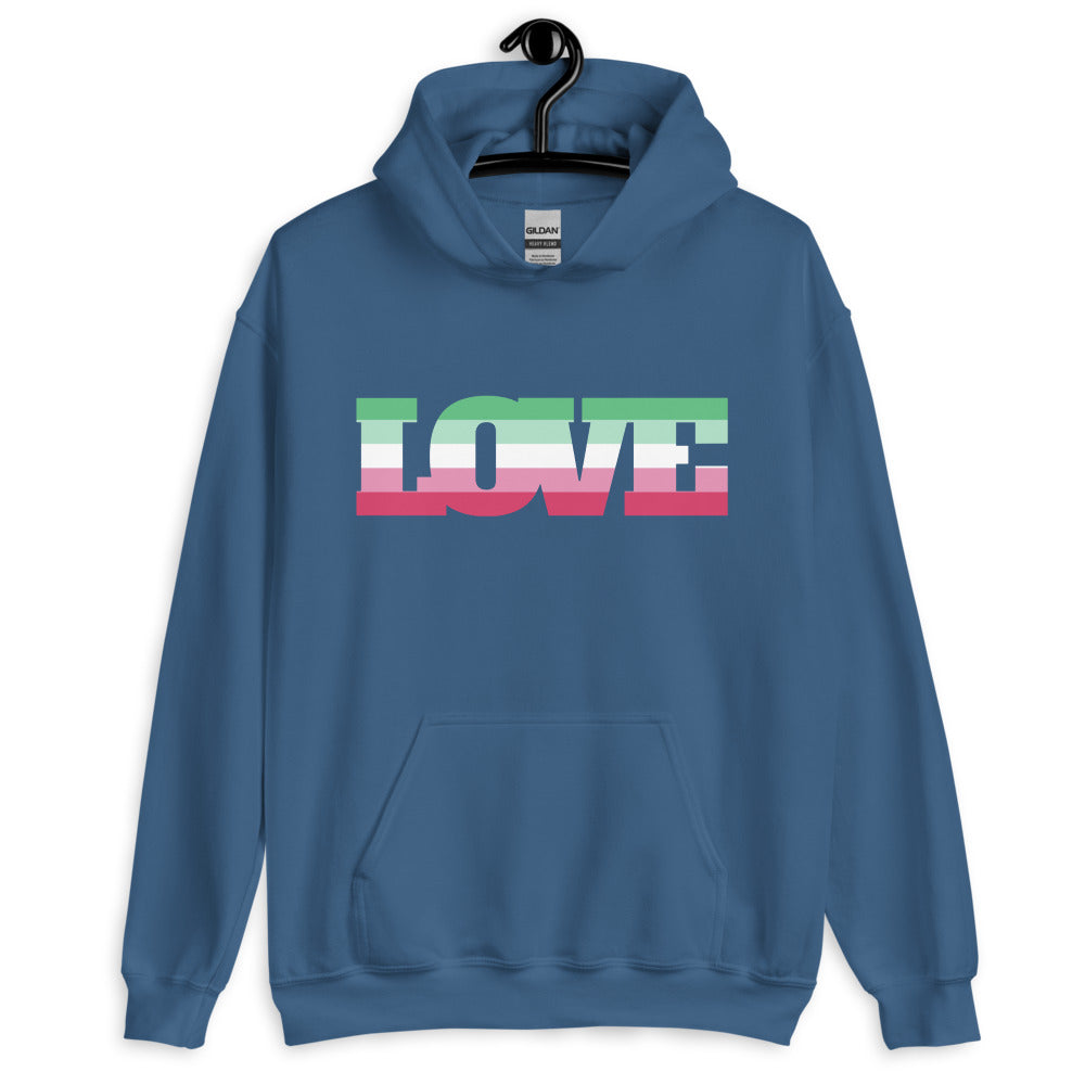 Front view of a blue hoodie with the word “LOVE” in green, white, and pink stripes