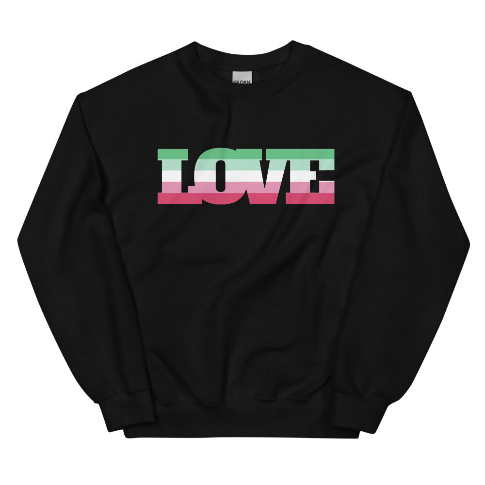 Front view of a black sweatshirt with large LOVE lettering in abrosexual flag colors