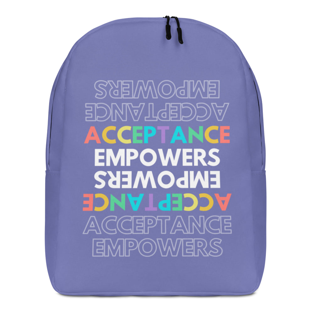 Front view of a lavender backpack with colorful upside-down “ACCEPTANCE EMPOWERS” text