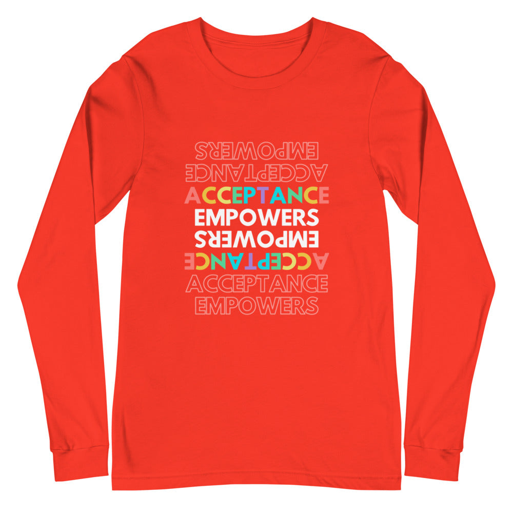 Red long-sleeve T-shirt laid flat with colorful repeated “ACCEPTANCE EMPOWERS” text