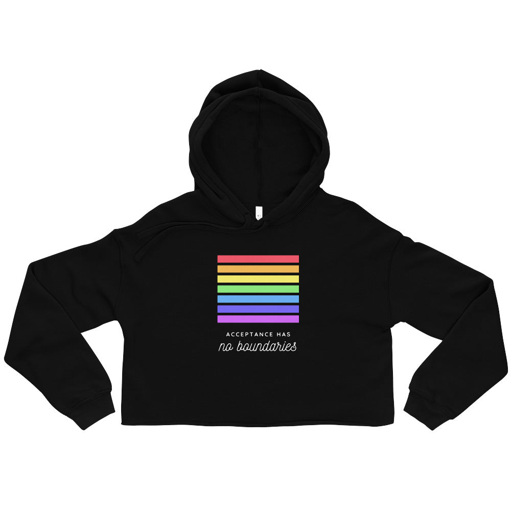 Front-facing black cropped hoodie with rainbow stripes and “Acceptance Has no boundaries” text