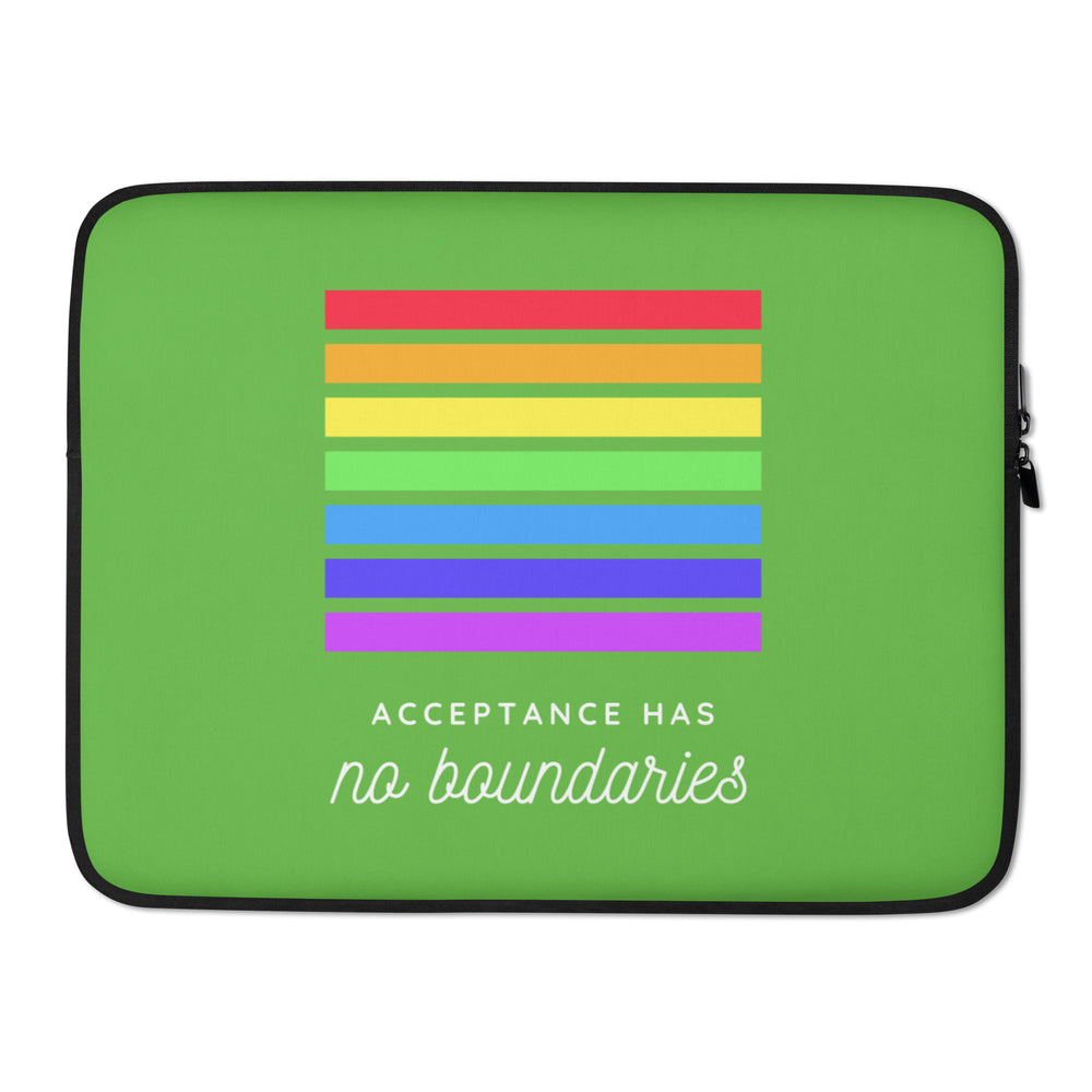 Acceptance Has No Boundaries Laptop Sleeve with bold rainbow stripes, held by a confident queer babe in black boots and a floral kimono.