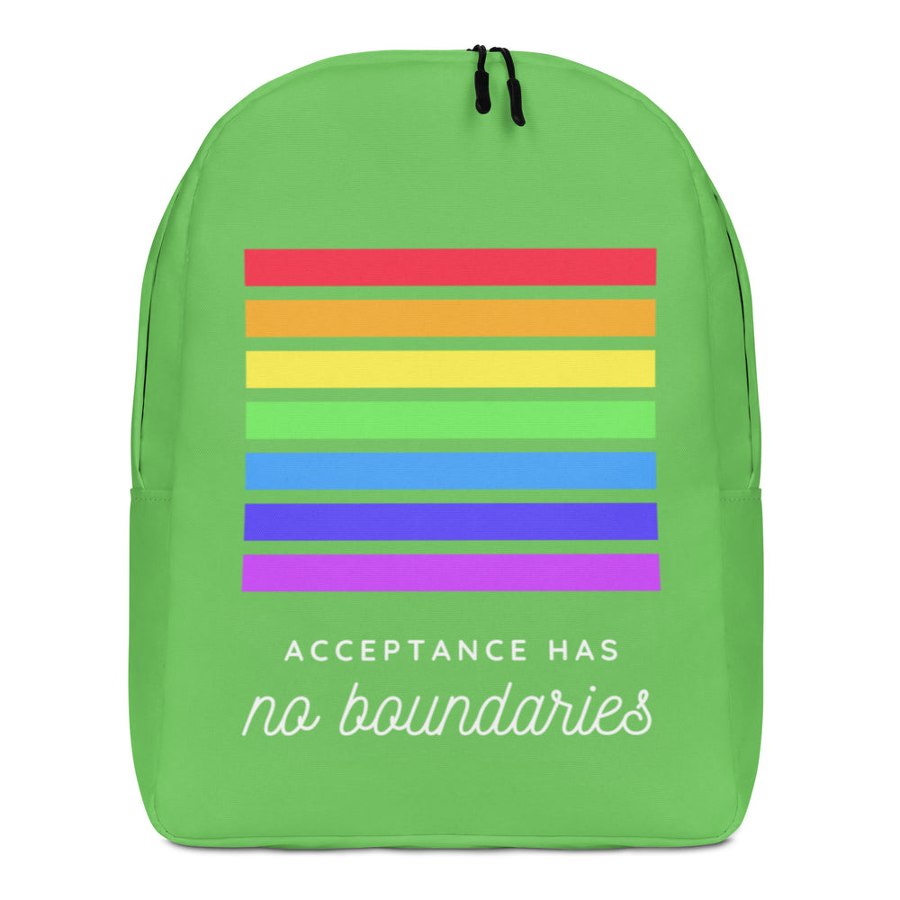 Front view of a bright green backpack with rainbow bars and “Acceptance Has no boundaries” text